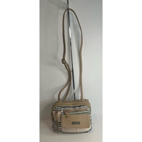 MultiSac Zippy Tan Green Blue Striped Triple Compartment Crossbody Shoulder Bag - Picture 1 of 15